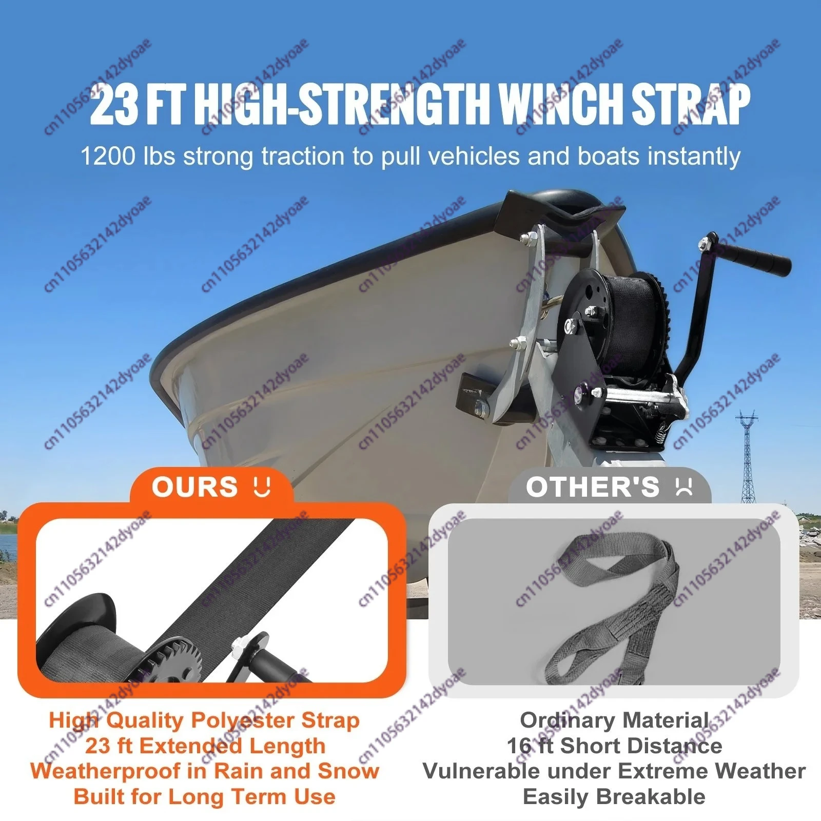 Hand Winch 2500 lbs Pulling Capacity Boat Trailer Winch Heavy Duty Rope Crank with10m Polyester Strap Hand Crank Winch