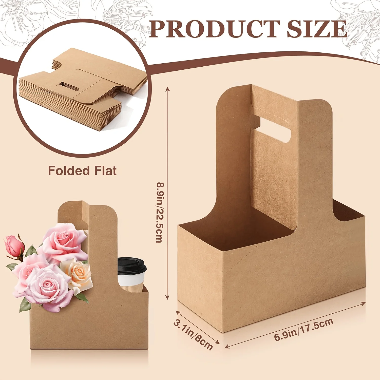 10 Pieces - DIY Handmade Flower Box, Coffee Cup Holder with Handle, Beverage Holder, Wedding, Birthday, Party Gift Decoration