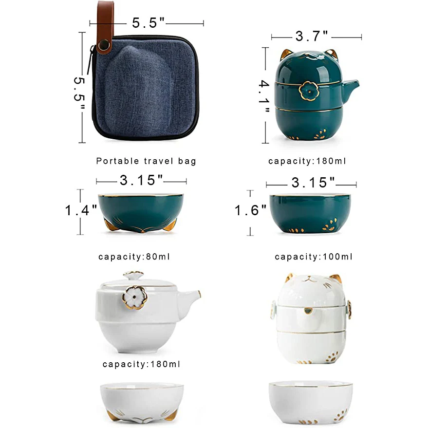 Portable Ceramic Tea Cup Set, Lucky Cat Porcelain Teapot Set with Tea Strainer Lids, 1 Storage Bag, Suitable for Travel