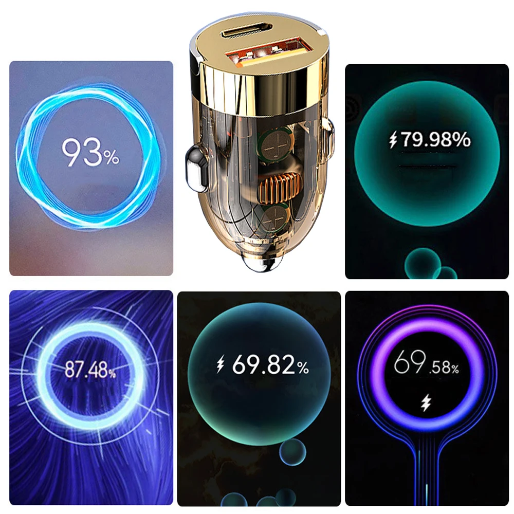 

1Pc 120W Transparent Invisible Pull Ring Car Charger USB Type C Fast Charging QC3.0 PD Phone Charger for IPhone Xiaomi Samsung