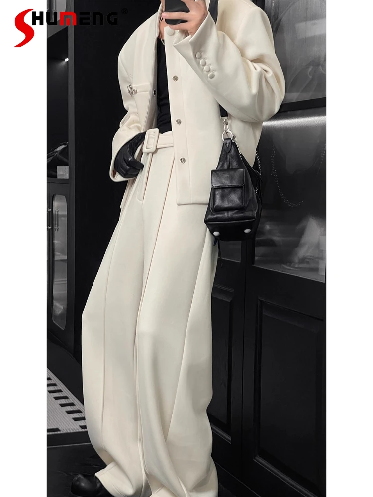 

Мужские осенние новые модные дизайнерские комплекты из 2 предметов, стильные куртки с воротником-стойкой и поясом, свободные удобные брюки, модные универсальные комплекты из двух предметов