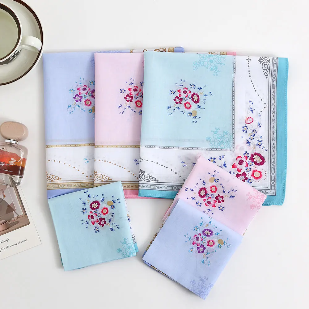 Ladies 43cm Pure Cotton Floral Printed Hankies Soft Lightweight Absorbent Handkerchief for Summer Sweat Clean