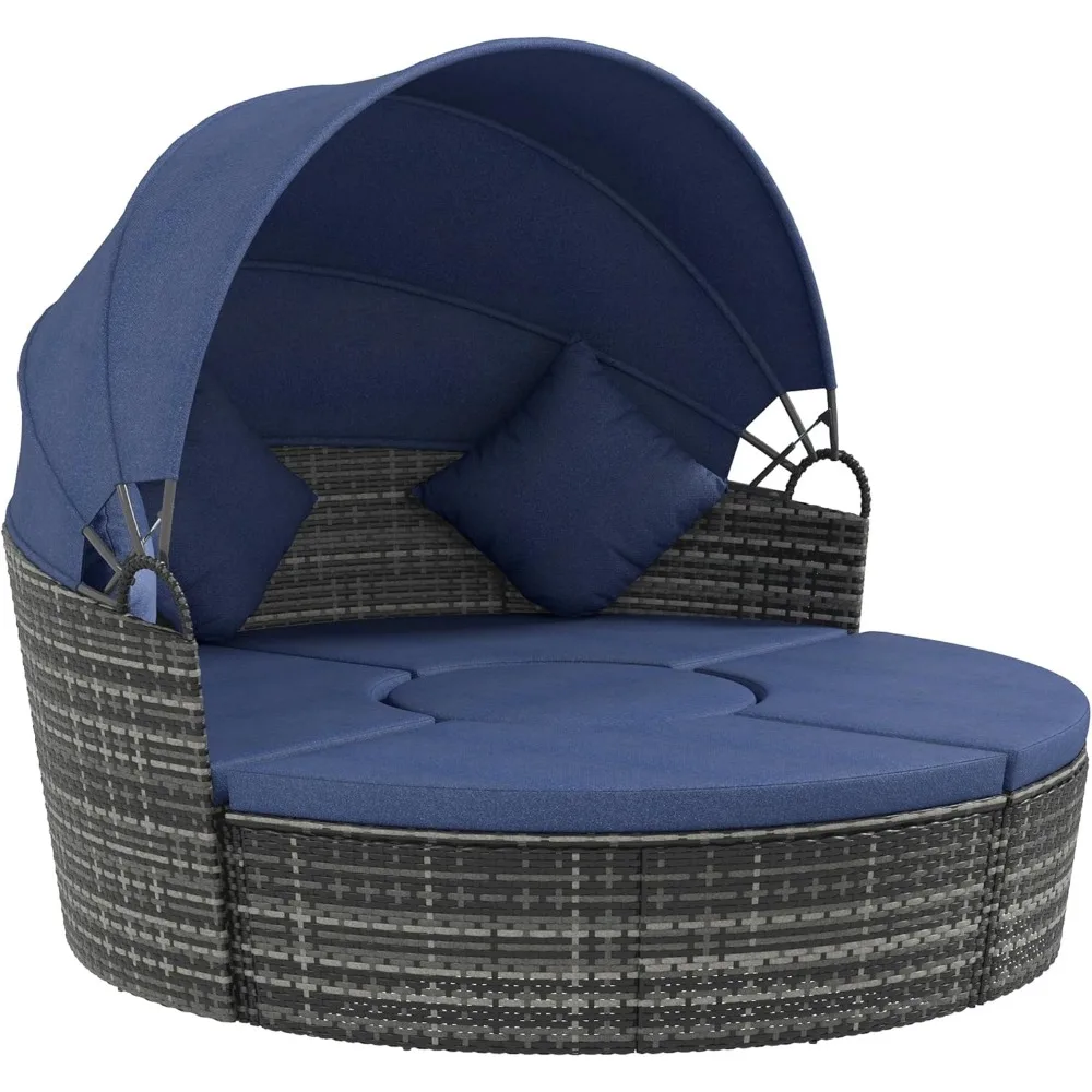 

4-Piece Round Convertible Daybed with Cushions, Outdoor PE Rattan Patio Wicker Sofa Set, Sunbed with Adjustable Sun Canopy, Sec