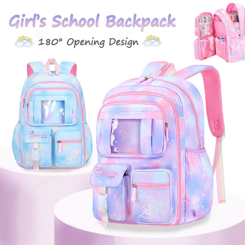 Cartoon Primary Students School Bag Gradient Children\'s Backpack for Girls Teens Kids 180° Side-Open Kid\'s Bag