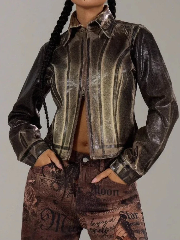

2025 Spring/Summer New Style Y2K Contrasting Color Pleated Collar Leather Jacket with Double Zippers and Short Sleeve Top