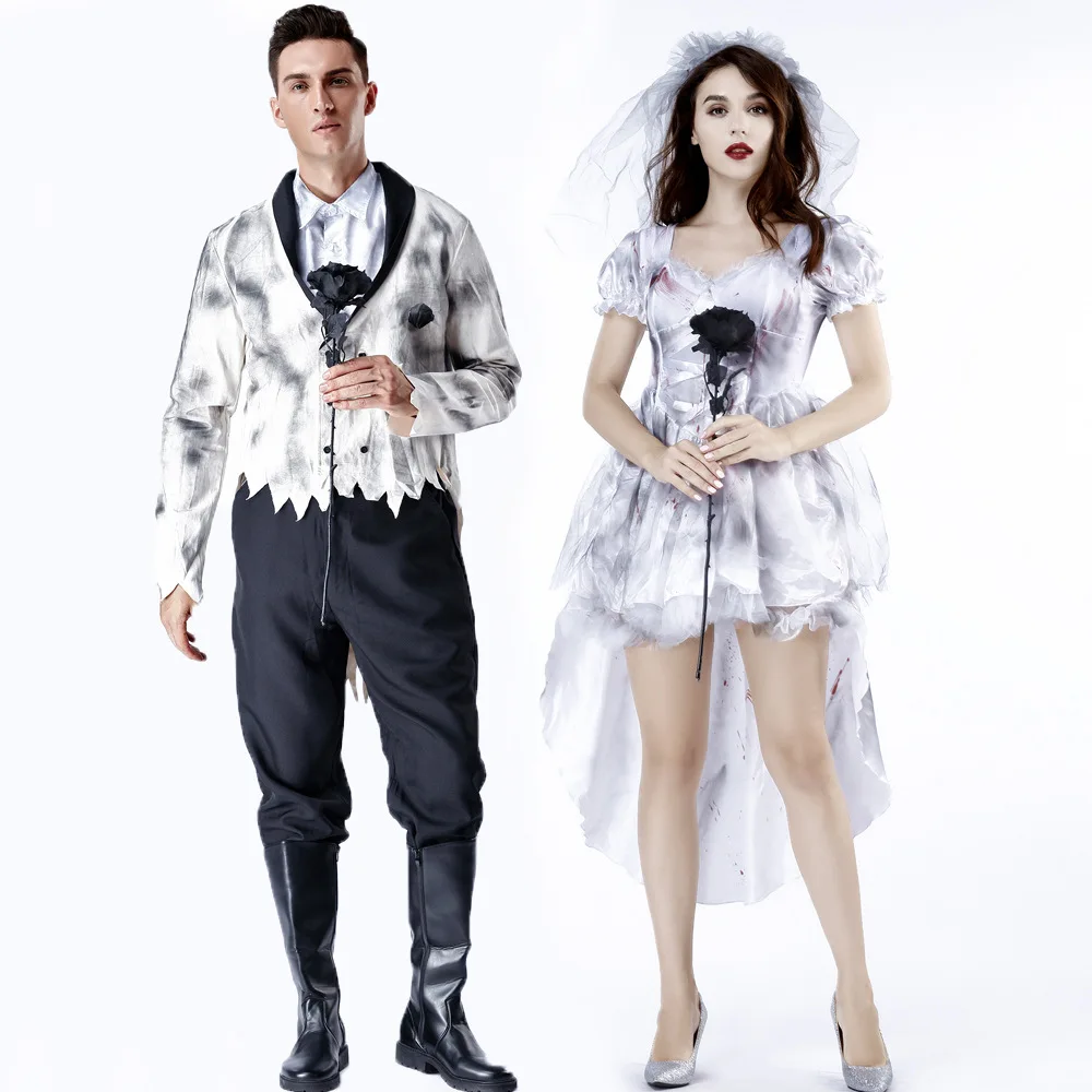 Vestido de novia de fantasma sangriento para hombres y mujeres, Disfraces de halloween de miedo, vestido de fiesta de carnaval, Cosplay