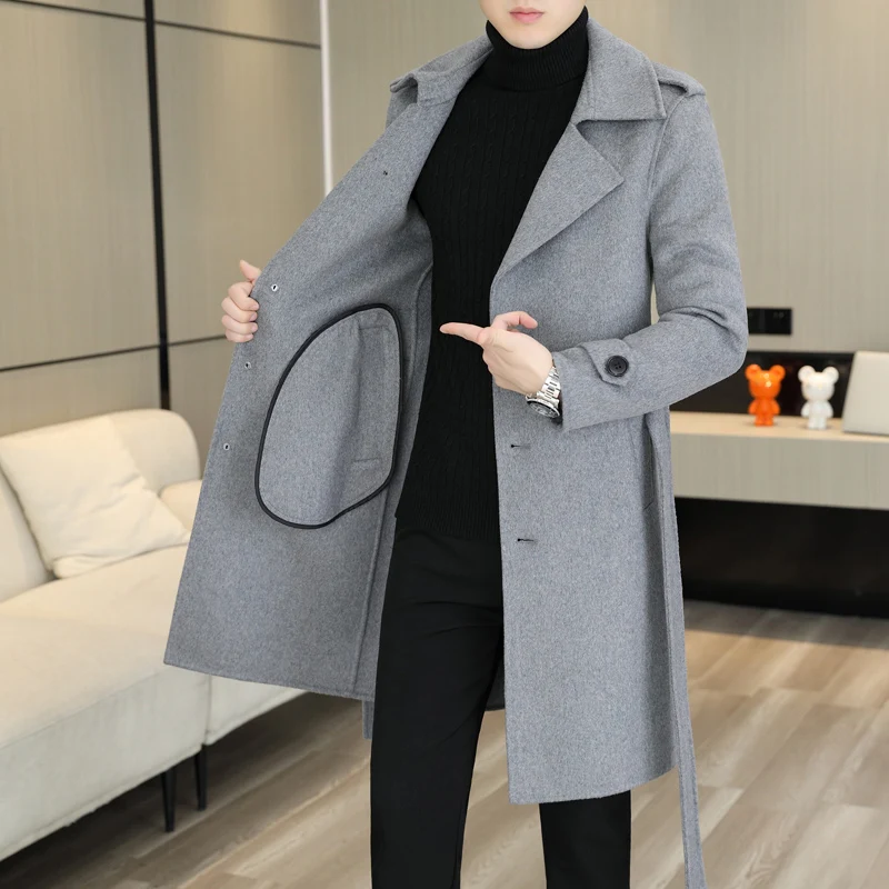 Men's Double-Sided Tweed Coat 70% Wool Cashmere-Lace up Mid-Length Trench Coat Autumn/Winter 2025 Fashion Wool/Polyester Blend