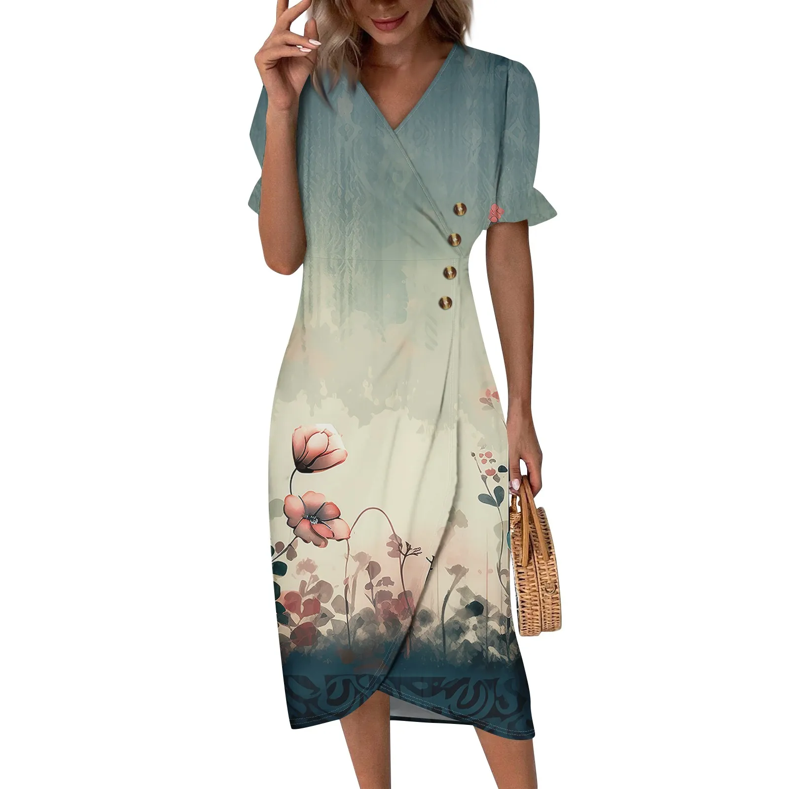 Abiti da spiaggia per le donne Primavera Estate Elegante avvolgente con scollo a V Abito Boho Flowy increspato Abito maxi hawaiano Abiti da laurea