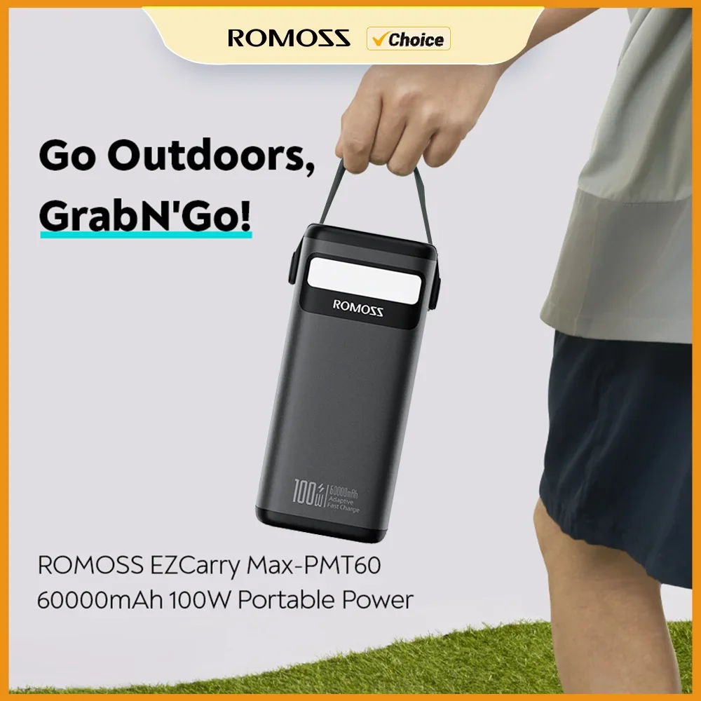 ROMOSS 60000mAh Portable Power Bank 100W Fast Charge External Battery for Laptop Outdoor Power for iPhone Xiaomi Huawei Samsung