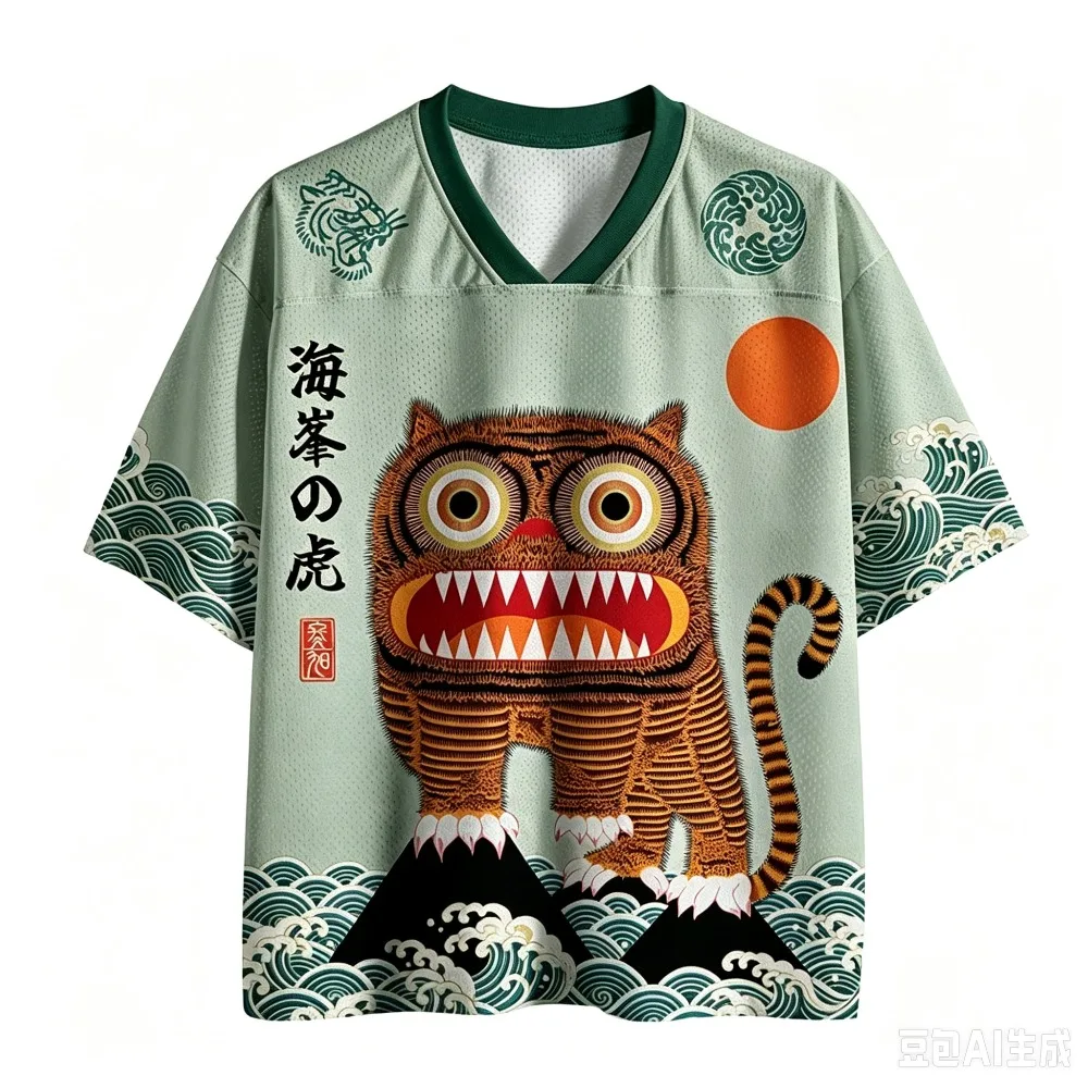 3D-Druck Retro Ukiyo-e-Stil „Hefeng Tiger Wave Red Sun“ Herren Damen Sport- und Fitness-T-Shirt mit V-Ausschnitt, schnelltrocknend, locker geschnitten, Streetwear, lässig – Detail 9