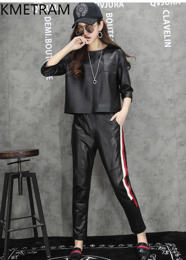 本物の羊皮トップレイヤーのレディース本革ジャケットとパンツカジュアルスーツ女性秋服2025 дубленка женская