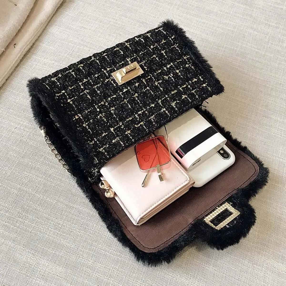 2024 New  Cosmetic Bag Women Crossbody Small Square Bag Woolen Chain Single Shoulder Underarm Bag Elegent  Female Shoulder Bag