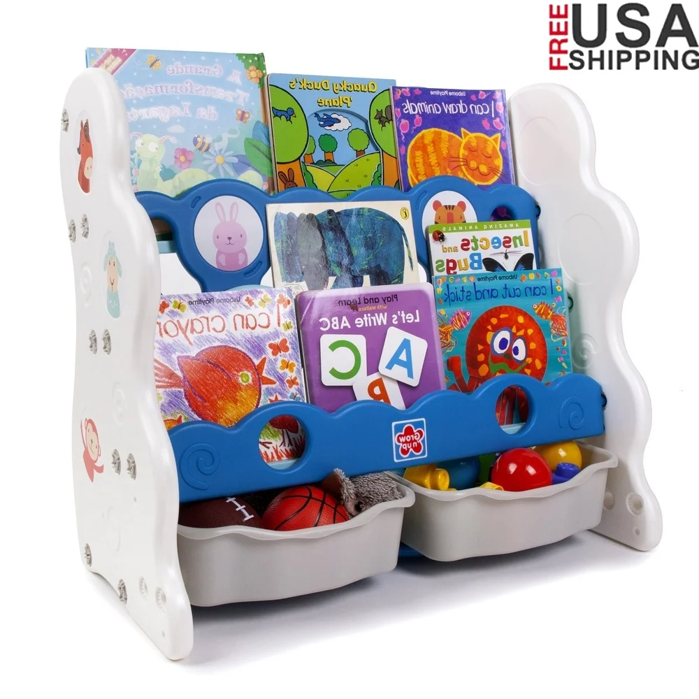 

4 Tier Bookshelf Storage Center with Bins 2 in 1 Plastic Organizer Easy to Assemble Ideal Kids Playroom Bedroom Classroom