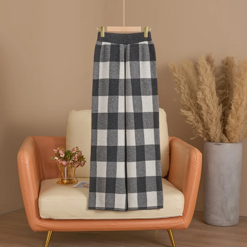 DjzDsm Women's Autumn Winter Thickened Plaid Wide Leg Pants 100% Pure Wool Knitted Long Trousers Woolen Pants Bottom Wear
