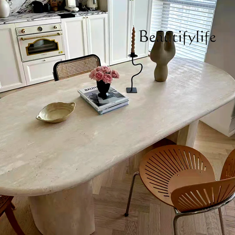 

French natural travertine dining table oval marble medieval retro style square round dining table modern