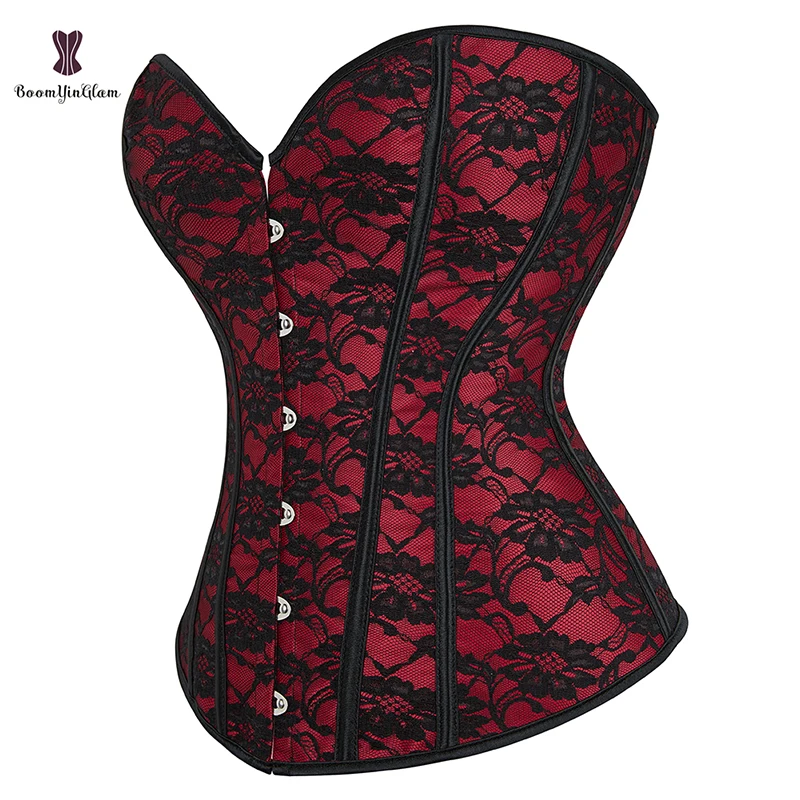 Gothic Victorian 12 Plastic Bones Lace Up Red Overbust Corset Women Plus Size Underwear Corselet With G String