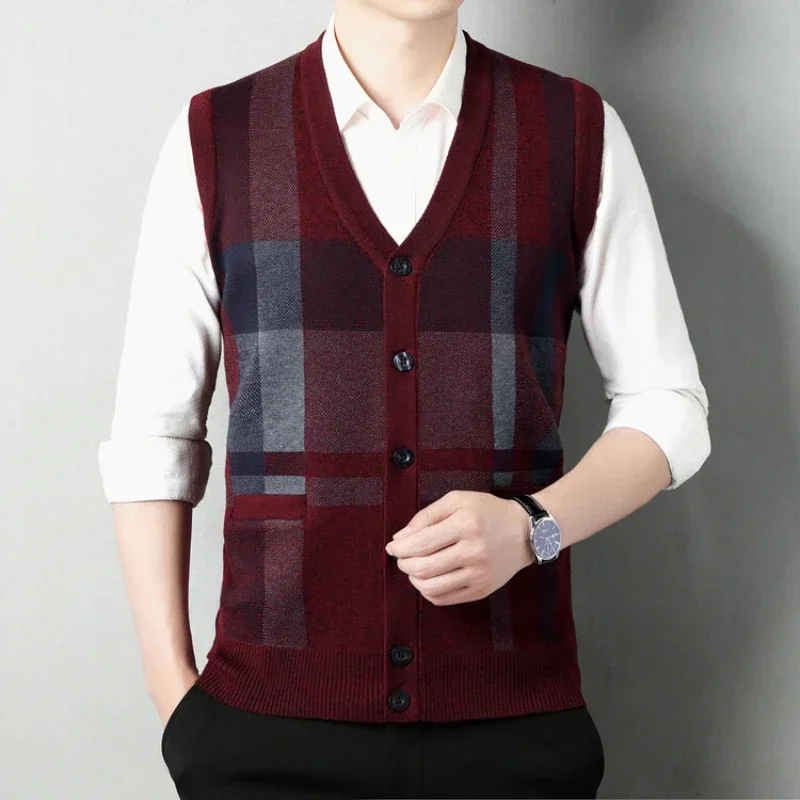 2024 New Men's V-neck Sleeveless Vest, Classic Business Men's Knitted Vest, Cardigan Sweater Tops