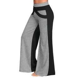 Women Patchwork Bell Bottoms Flare Trousers Mid Waisted Wide Leg Yoga Pants