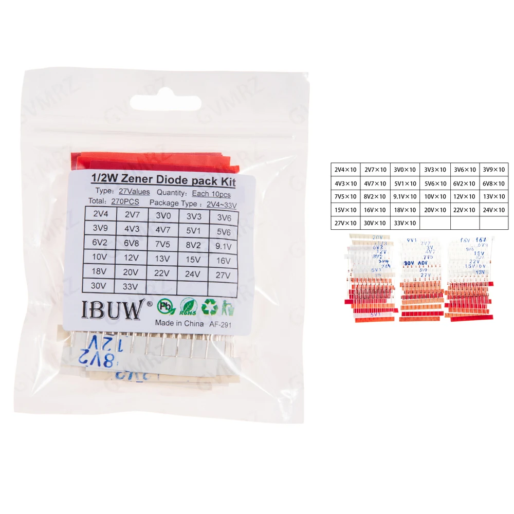 270PCS 27Values 18V 4V7 30V 33V 1/2W Zener Diode Kit 2V4-33V for Voltage Regulation Electronic Projects 2V4 2V7 3V0 3V3 3V6 27V