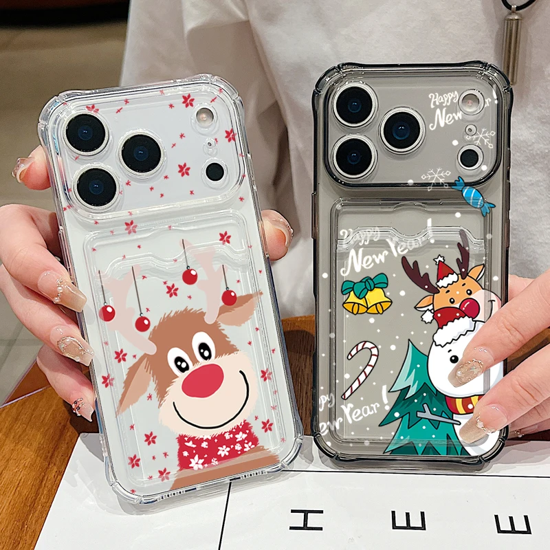 Klare Handyhülle mit Weihnachts-Hirsch-Aufdruck für iPhone Air 16e 17 16 15 14 13 Pro Max 11 12, stoßfeste weiche Silikon-Kartentaschenabdeckung