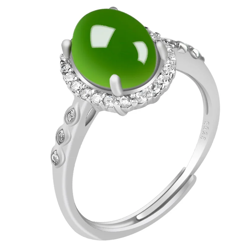 Natural Hetian Spinach Green Large-Shaped Jade S925 Silver Inlaid Women'S Ring