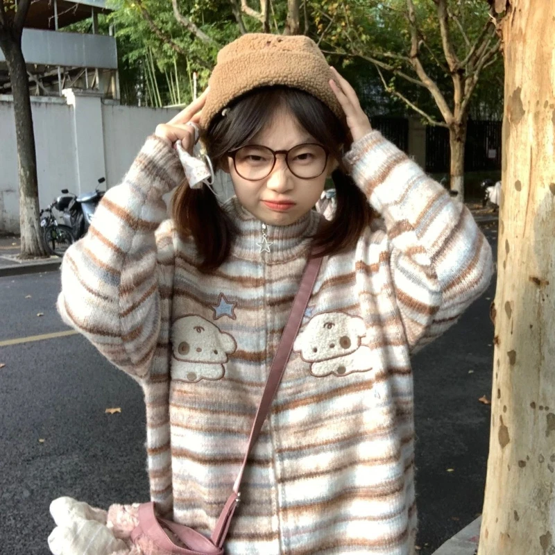 Deeptown Y2K Kawaii Striped Women Knit Cardigan Zipper Harajuku Japanese Sweater Vintage Dog Print Preppy Autumn Knitwear Sweet