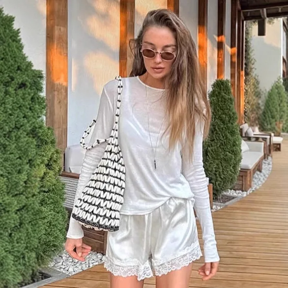 

Minimalist Autumn Women's T-Shirt Solid Color Round Neck Spliced Long Sleeve Female's Tees Slouchy-Style Slim Fit Tops For Lady
