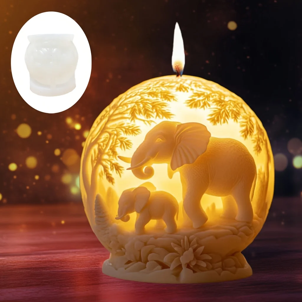 Elephant Spherical Scented Candle Silicone Mold Small Elephant mother and son Walking Woods Spherical Resin Mould Plaster Molds