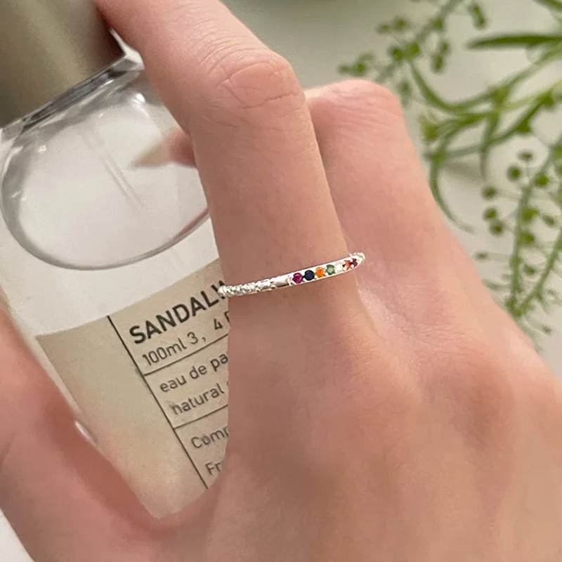 Funny Cute 925 Sterling Silver Adjustable Irregularly Textured Tiny Colorful Crystal Rainbow Ring for Women Korean Jewelry Gifts