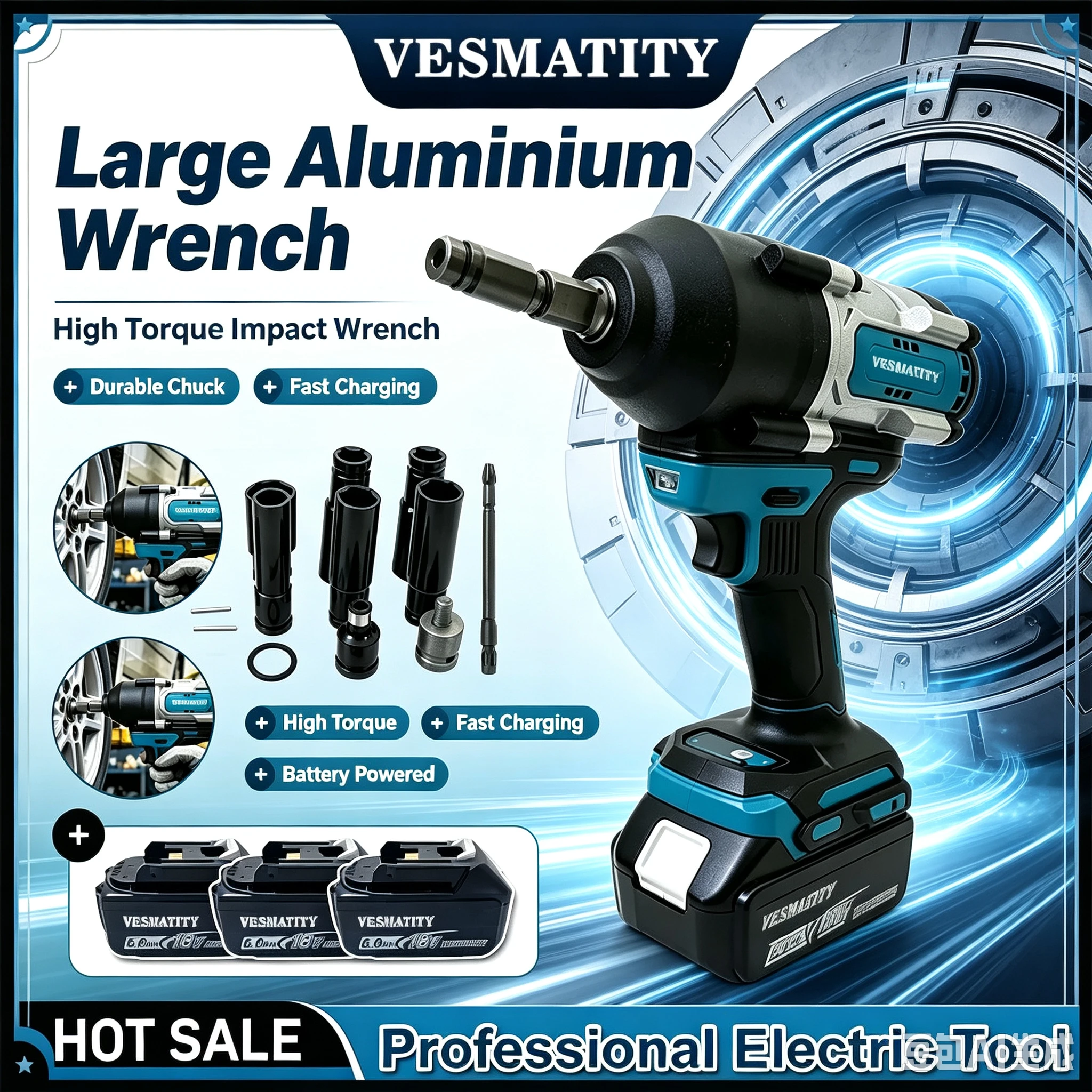 Cordless Electric Impact Wrench High Torque Driver With Socket Set For Automotive & Construction  For 18V-20VBattery