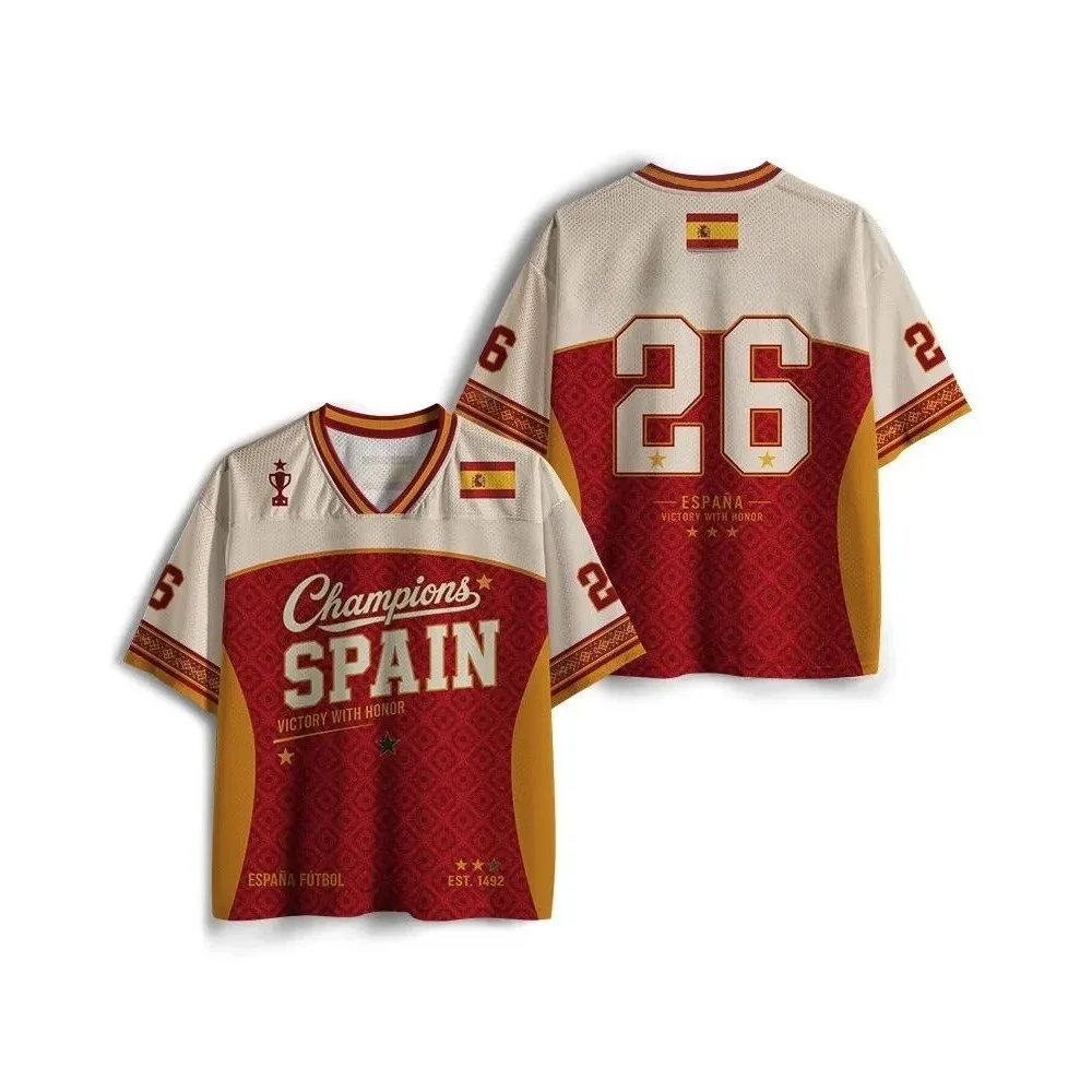 Men Spain Champions Soccer Jersey Spanish Flag Trophy Print Quick Dry V Neck Football Sports Training TShirt Top