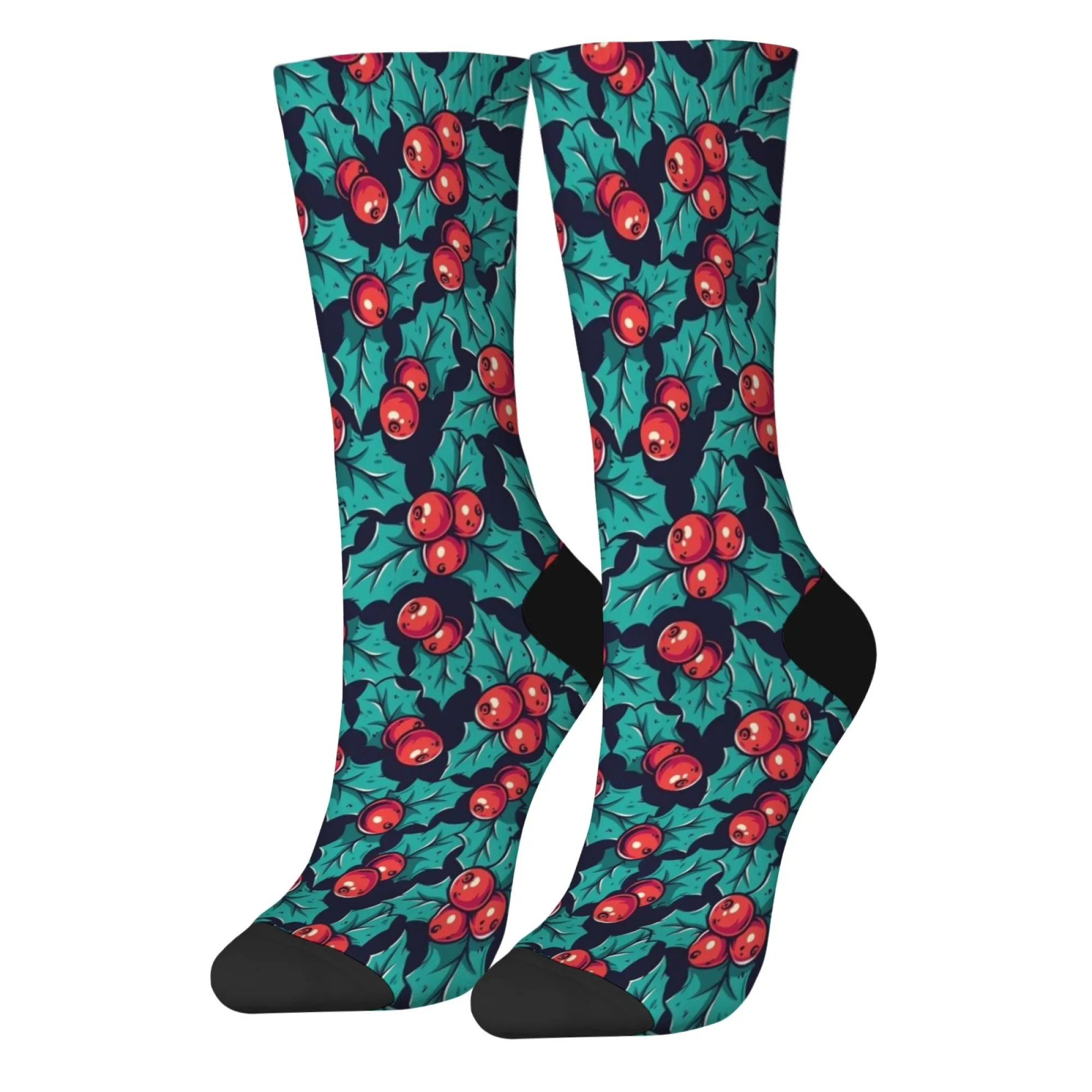 トレンディなホーリーベリー メンズ クルー ソックス ヒップホップ スタイル お祭りプリントパターン アウトドア愛好家やホリデーファンへのギフトに最適