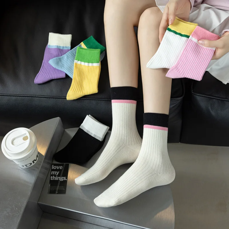 Chaussettes mi-tube pour femmes, tube long assressenti, chaussettes empilées, chaussettes carillons polyvalentes, chaussettes décontractées pour femmes, printemps et automne, document, 7/14 paires