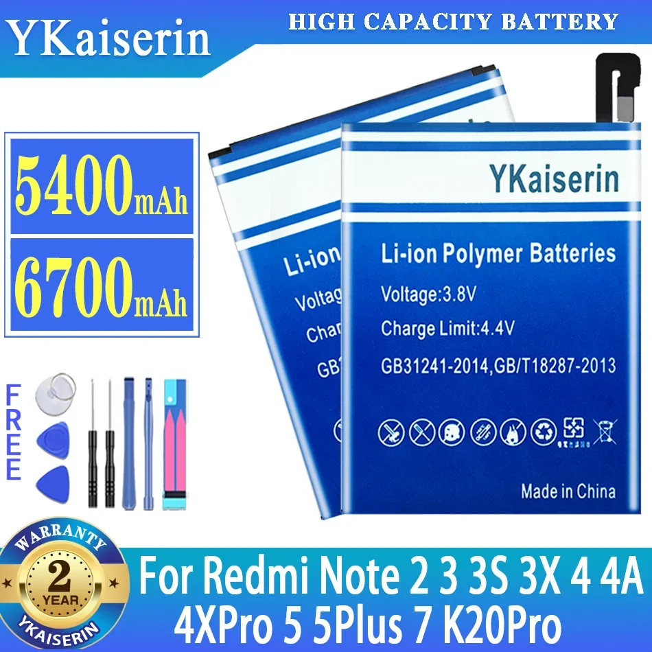 YKaiserin Battery For Xiaomi Redmi Note 7 5 4 4X 3 2 K20 Pro Note7 3 3S 3X 4 4A 5 5 Plus For Xiaomi Mi Pocophone F1 Note 2 Note2