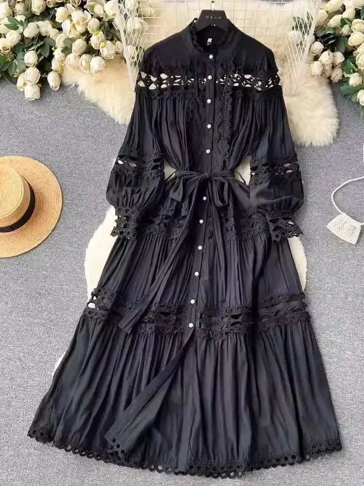 JAMERARY Elegant Summer Holiday Embroidery Dresses Shirt Women's Stand Long Lantern Sleeve Lace Up Party Loose Robe Vestidos