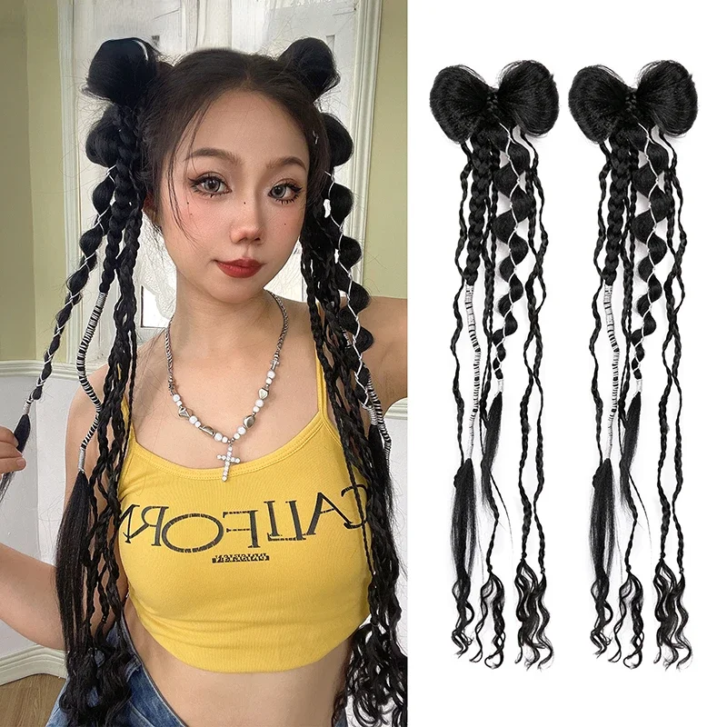 

2pcs Long Synthetic Hair Chignon With Rubber Ponytail Black Hairpiece Pony Braid Hair Ponytail Extensions Black Color For Women