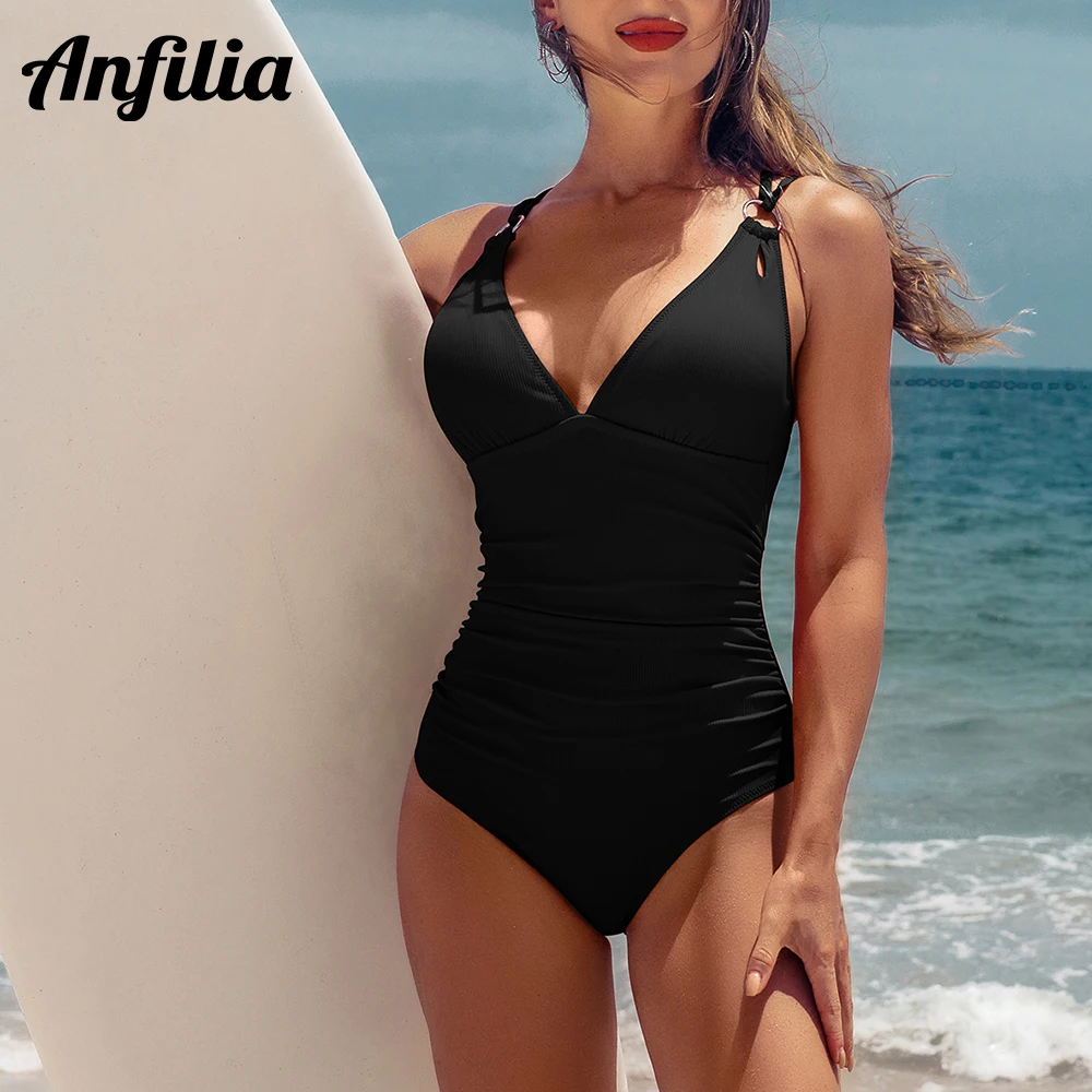 Anfilia Women One Piece Swimsuit Fashion Sexy Deep V Neck High Cut Ruched Monokini Solid Color Backcross Swimwear