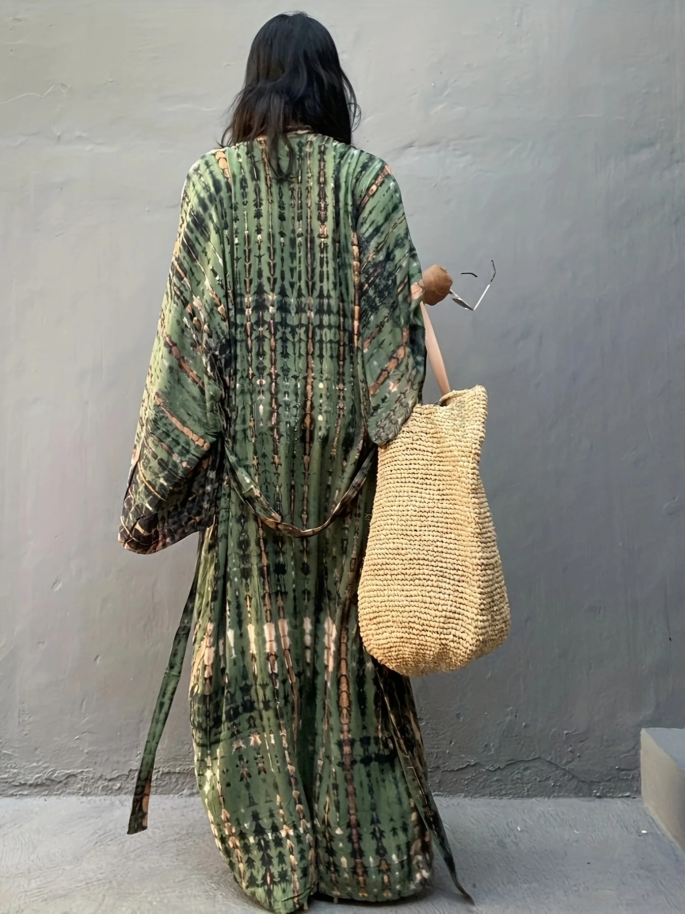 Women's Boho Style Cover Up, Plus Size Tie Dye V Neck Loose Fit Vacay Beach Kaftan Dress