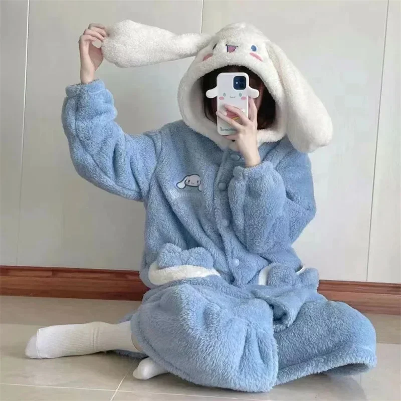 Cinnamoroll Sanrio Robe Pajamas Kawaii Hooded Dressing Gowns Lady Thickened Warm Loungewear Cute Autumn Winter Leisure Clothing