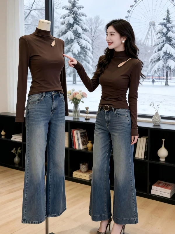 Korean Style Women's Long Sleeve T-Shirt Hollow out Half High Collar Fleece Lined Brushed Spring plus Size Slimming Top