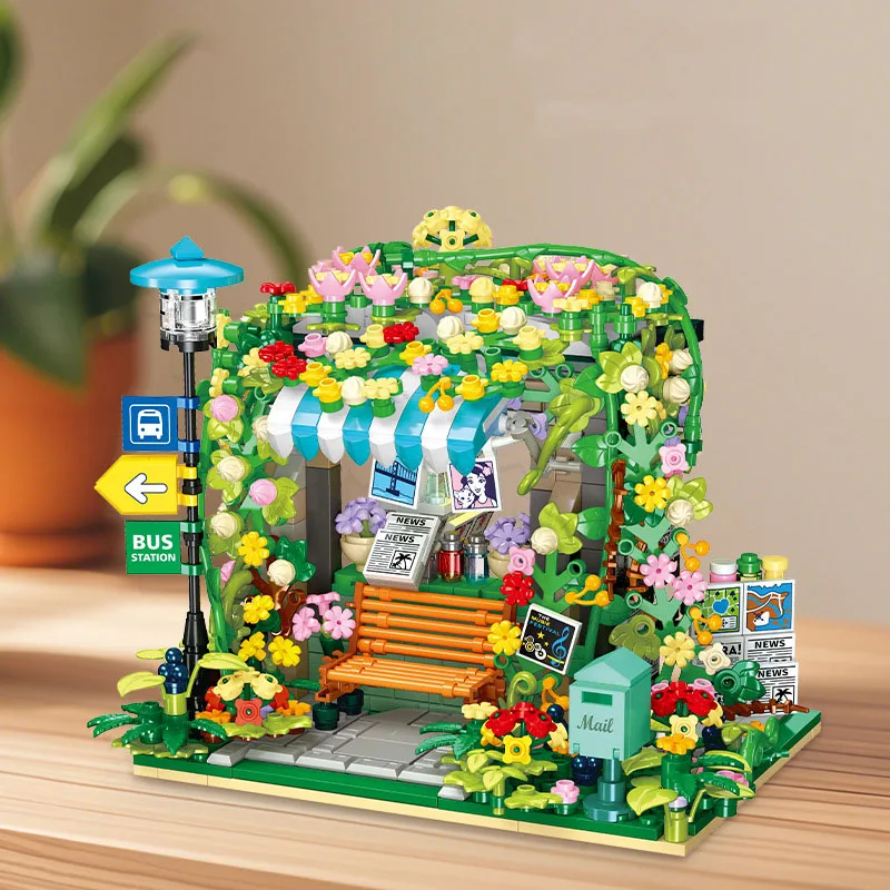 크리 에이 티브 꽃 세계 도시 스트리트 뷰 블록 키오스크 버스 정류장 건물 벽돌 건설 장난감 컬렉션 선물용 빛