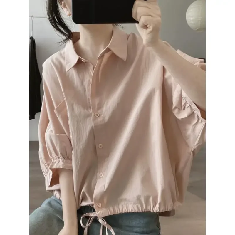 

Fashionable Bat Sleeves Solid Color Shirt For Women Summer Loose Waist Cinched Lace-up Short Sleeves Tops Trendy Women Clothing