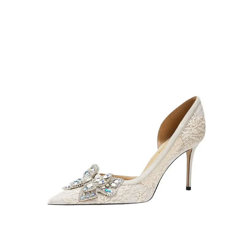 

B43 темпераментные белые сетчатые кружевные туфли на высоком каблуке-шпильке с легким носком из овчины, женские одинарные туфли, элегантная обувь для знаменитостей