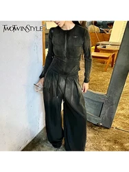 TWOTWINSTYLE Chic Two Piece Set For Women O Neck Long Sleeve  Top High Waist Wide Leg Pant Streetwear Sets Female Fashion New