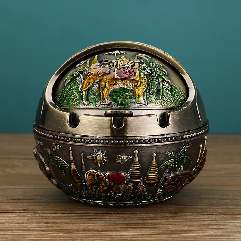 

2025 New Ashtray Zinc Alloy Windproof Semi Closed Cover 3D Enamel Design Globe Ashtray Large-bronze-colorful elephant