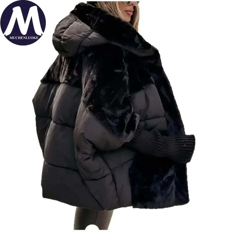 여성용 우아한 후드 겨울 재킷 두꺼운 보온 캐주얼 루즈 숏 파카 한국 패션 스플라이스 따뜻한 코트