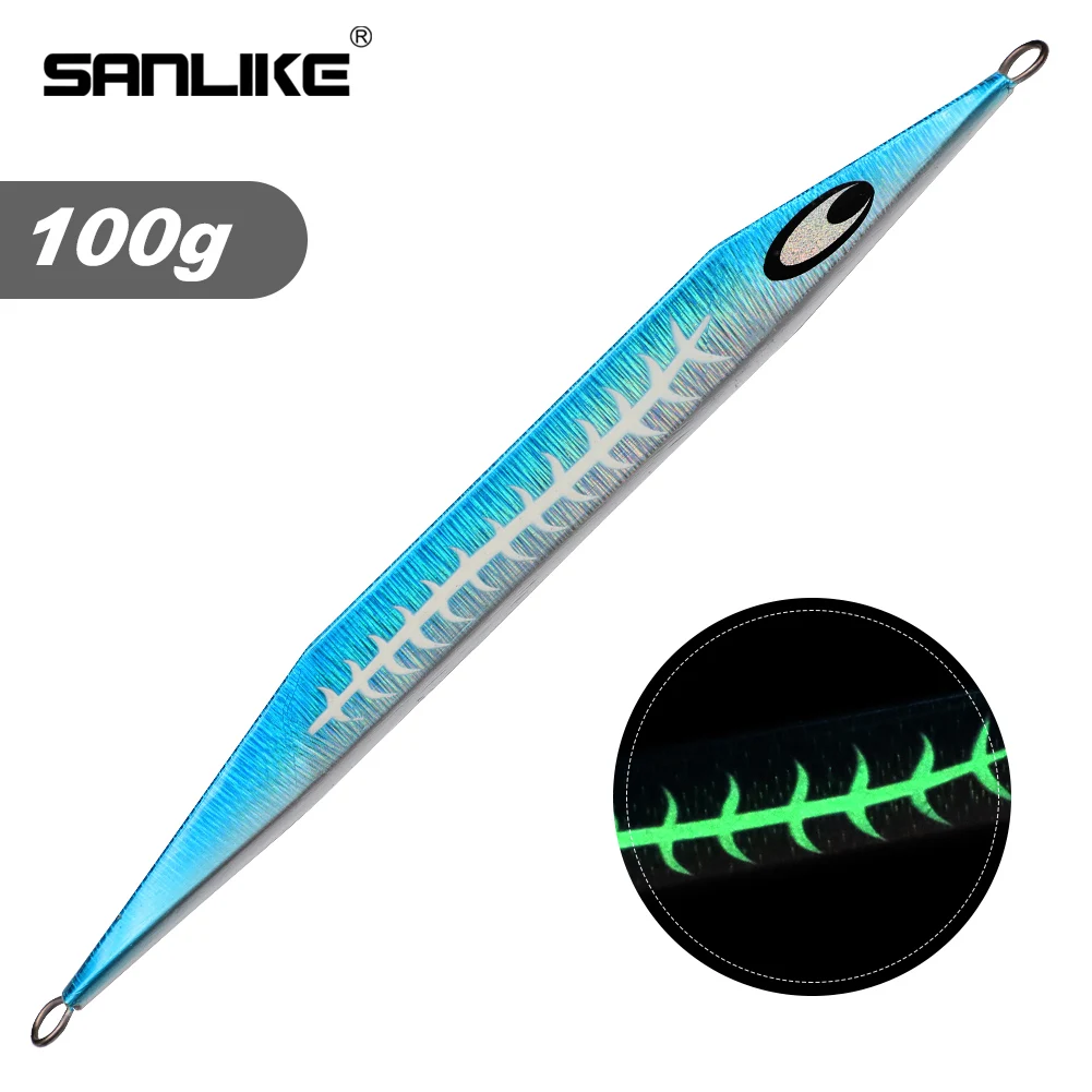 SANLIKE Slow Metal Jig Jigging Bait Fishing Lure Saltwater Falling Jig Slow Pitch Jig Blue 100g 200gFish Lures