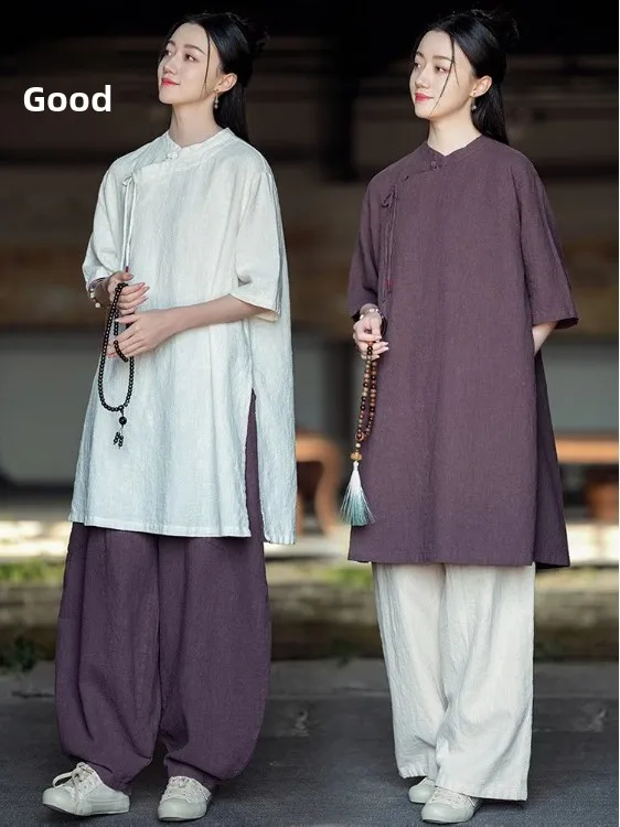 ชุดผู้หญิงผ้าฝ้ายลินินบางเบาสำหรับฤดูร้อน ชุดเสื้อผ้าพุทธศาสนา สไตล์เซน สีพื้นเรียบ คอตั้ง แขนยาวห้าส่วน