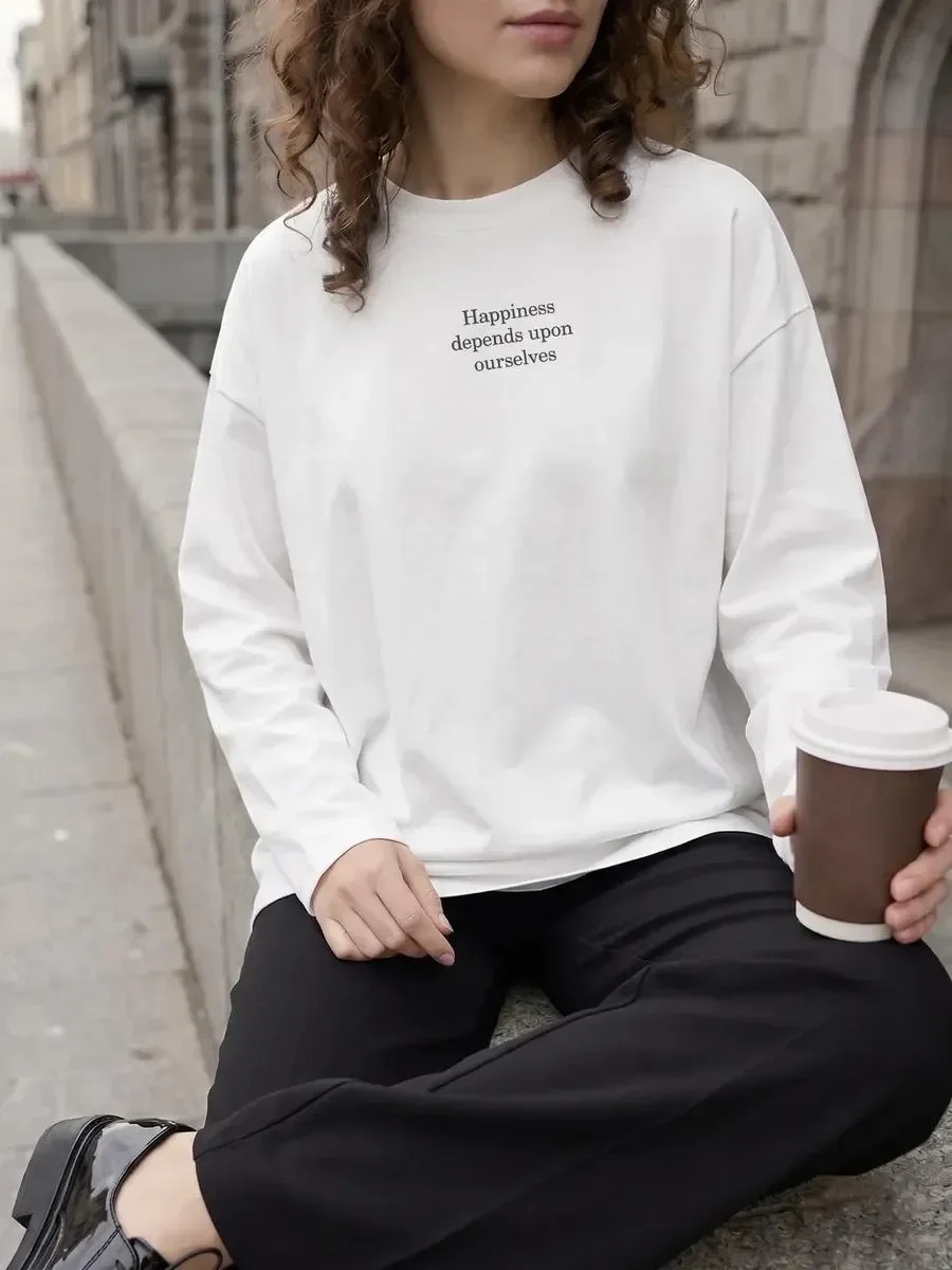 Autumn New Cotton Women Letter Printed T‑Shirt Oversized  Long Sleeve Loose Happiness Depends Upon Ourselves Casual Base Top