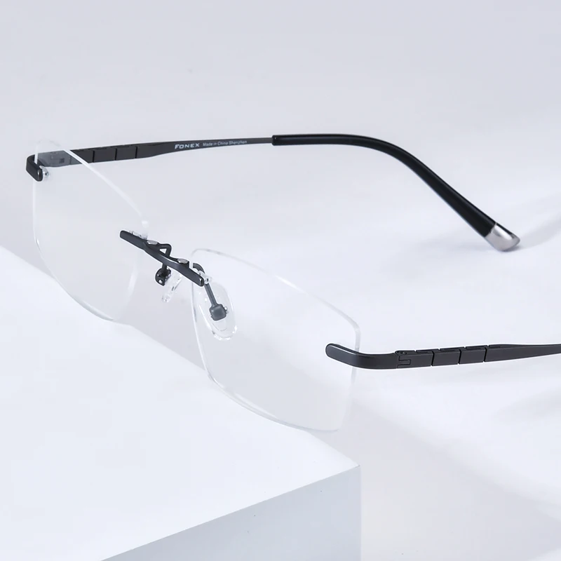 FONEX Titanium Eyeglasses Frame Square Men Magnet Clip on Rimless Glasses with 3D Night Vision Polarized Lens 85761